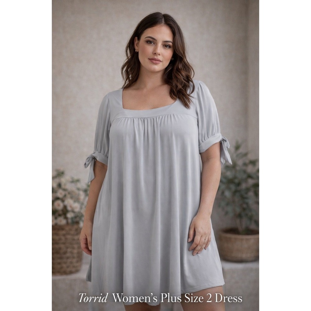 Torrid Women's Plus Size 2 Gray Square Neck Dress Tie‎ Sleeve Short Sleeve